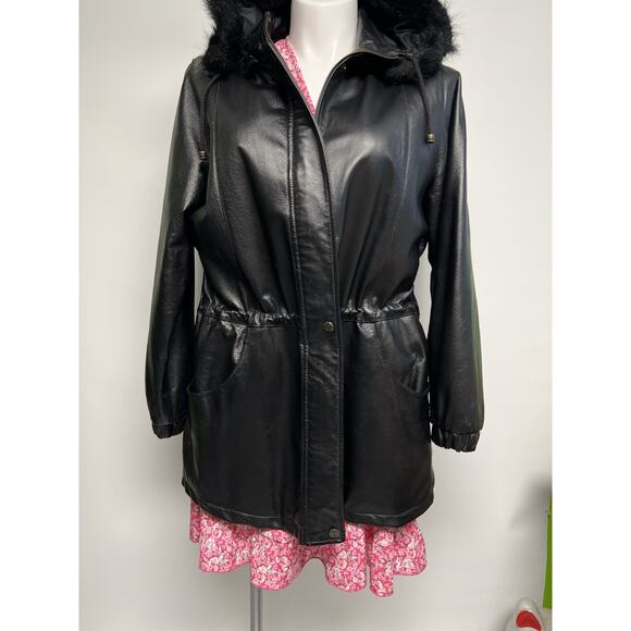 Vintage 90s Y2k Black Soft Leather Coat Cinched Waist Mid Length Sz 16 Faux Fur - Picture 3 of 16